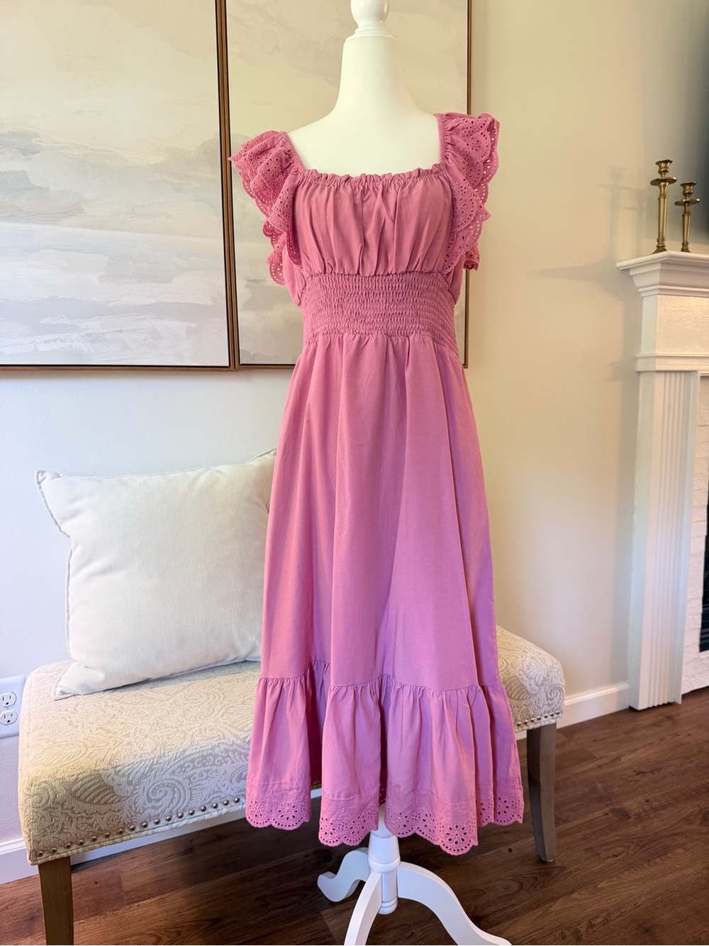 Beautiful Pink Smocked Ruffle Sleeve Midi Dress